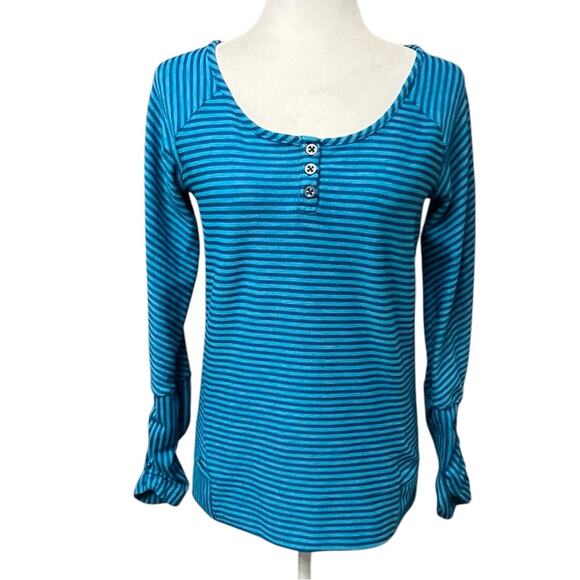 OUTDOOR RESEARCH Mikala Aqua/Blue Stripe Thermal Henley Thumbhole Size‎ Small - Picture 1 of 9